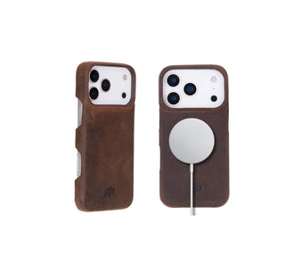 BlackBrook Mason Leather MagSafe Case on iPhone 17 Pro, showing raised camera lip and MagSafe charger.