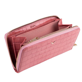 Venezia Women’s Croco Large Leather Wallet with Triple Compartments – Mapi Edition, Pink - Mapi