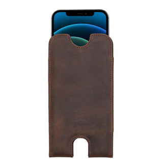 Erin Slim Pouch Leather Sleeve Case For 6.1" Phones, Distressed Coffee - BlackBrook Case