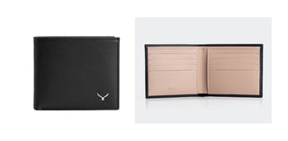 Blackbrook Bologna bifold wallet in black leather, shown closed and open with tan card slots inside.
