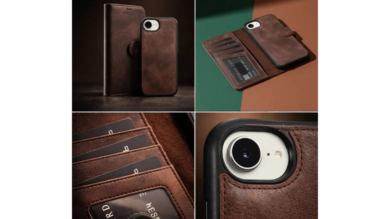  A collage of various angles of BlackBrook’s iPhone 17e Carter Wallet and Case.