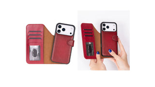 BlackBrook red leather detachable wallet case for iPhone 17 with RFID card slots, open front and in-hand view.