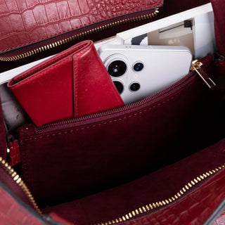 Carrera Novelya — Full-Grain Leather Top Handle Bag, Croco Bordaux