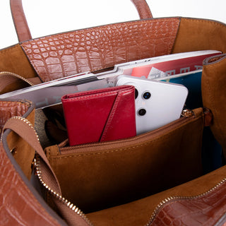Carrera Novelya — Full-Grain Leather Top Handle Bag, Croco Tan