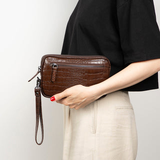 Noma Full‑Grain Leather Clutch Bag, Crocodile Brown