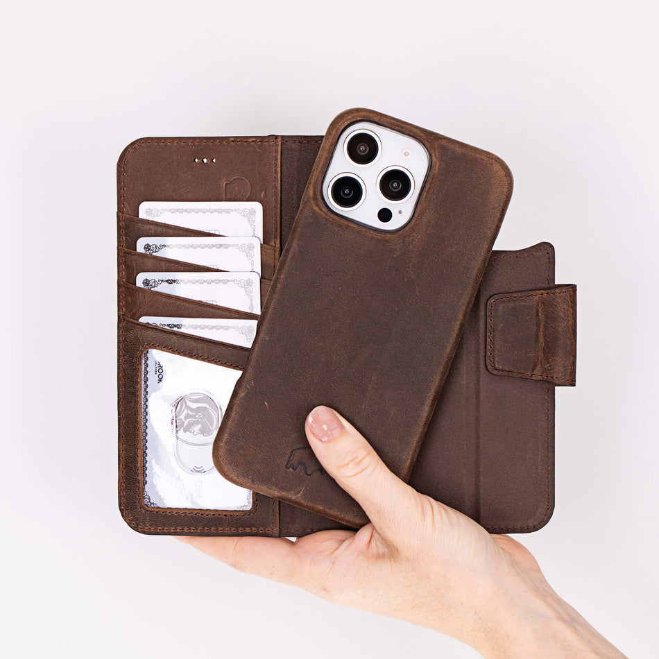 Custodia IPhone 13 Pro In Pelle Vintage Con Portacarte E Supporto – Burkley – Protezione RFID – Nero
