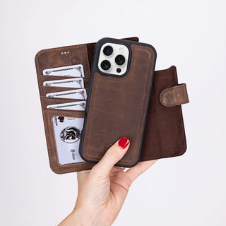 Carter Detachable Leather Wallet Case – iPhone 16 Pro Max, Distressed Coffee
