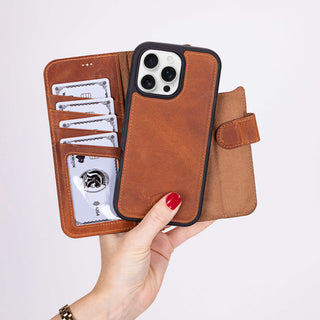 Carter Detachable Leather Wallet Case – iPhone 16 Pro Max, Golden Brown