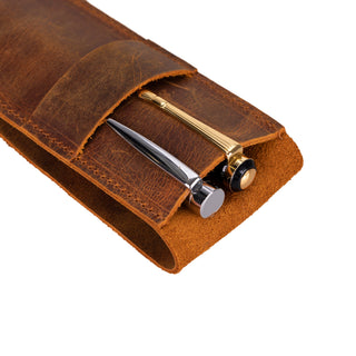 Seta Leather Pen Pouch for 2, Saddle Brown