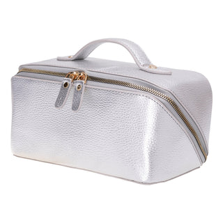 Ella Full‑Grain Leather Makeup Bag, Silver