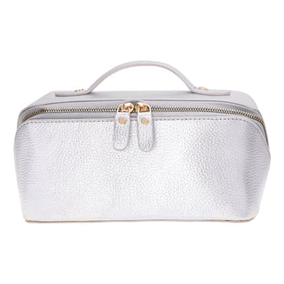 Ella Full‑Grain Leather Makeup Bag, Silver