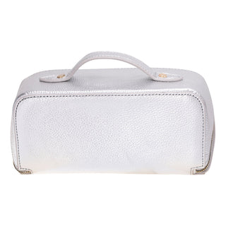Ella Full‑Grain Leather Makeup Bag, Silver