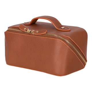Ella Full‑Grain Leather Makeup Bag, Sandy Tan