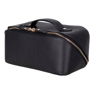 Ella Full‑Grain Leather Makeup Bag, Pebble Black