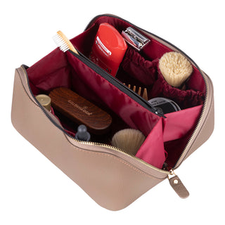 Ella Full‑Grain Leather Makeup Bag, Taupe