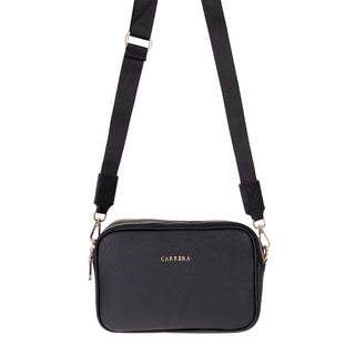 Black crossbody bag with 'Carrera' branding on a white background