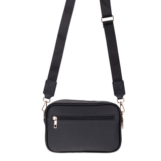 Black crossbody bag with adjustable strap on a white background