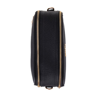 Black leather backpack with gold zipper on a white background