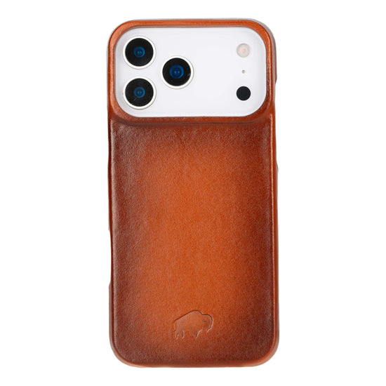 Slim burnished-tan leather MagSafe snap-on case for iPhone 17 Pro Max.