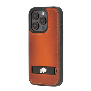 Reed Leather Snap‑On Case with Stand – iPhone 15 Pro, Burnished Tan