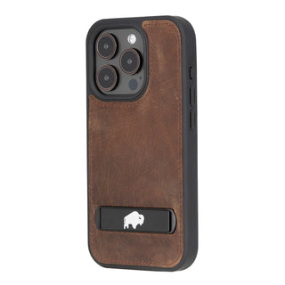 Reed Leather Snap‑On Case with Stand – iPhone 15 Pro, Distressed Coffee