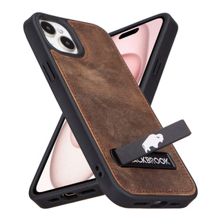 Reed Leather Snap‑On Case with Stand – iPhone 15 Plus, Distressed Coffee