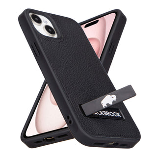 Reed Leather Snap‑On Case with Stand – iPhone 15 Plus, Pebble Black