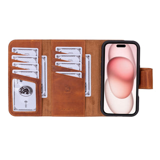 Tudor Tri-Fold Leather Wallet Case – iPhone 16, Burnished Tan