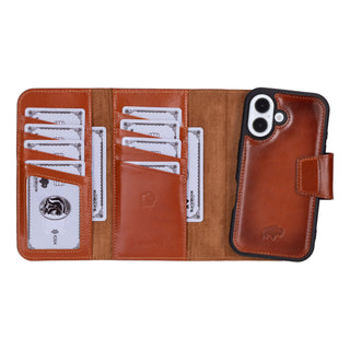 Tudor Tri-Fold Leather Wallet Case – iPhone 16, Burnished Tan