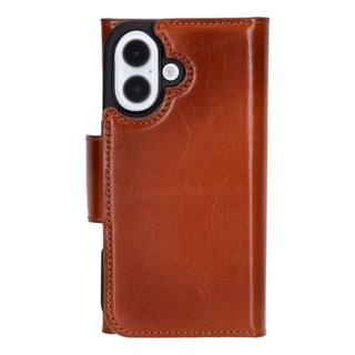 Tudor Tri-Fold Leather Wallet Case – iPhone 16, Burnished Tan