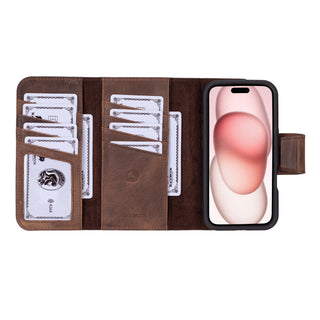 Tudor Tri-Fold Leather Wallet Case – iPhone 16, Distressed Coffee