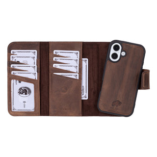 Tudor Tri-Fold Leather Wallet Case – iPhone 16, Distressed Coffee