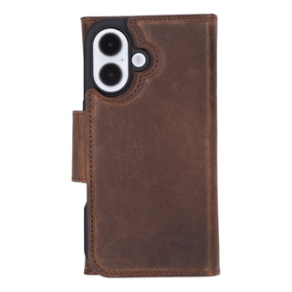 Tudor Tri-Fold Leather Wallet Case – iPhone 16, Distressed Coffee