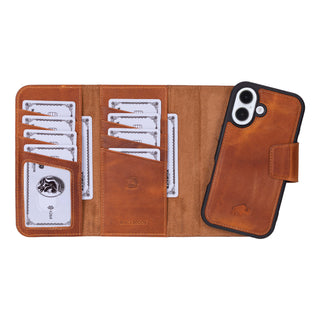 Tudor Tri-Fold Leather Wallet Case – iPhone 16, Golden Brown