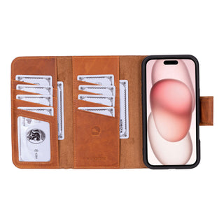 Tudor Tri-Fold Leather Wallet Case – iPhone 16, Golden Brown