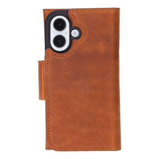 Tudor Tri-Fold Leather Wallet Case – iPhone 16, Golden Brown
