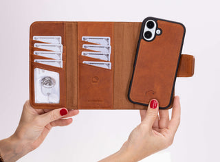 Tudor Tri-Fold Leather Wallet Case – iPhone 16, Golden Brown
