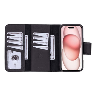 Tudor Tri-Fold Leather Wallet Case – iPhone 16, Pebble Black