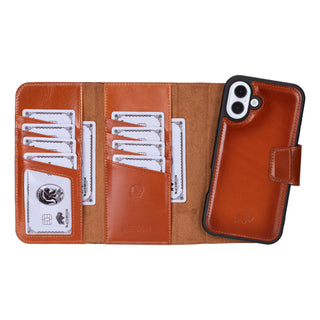 Tudor Tri-Fold Leather Wallet Case – iPhone 16 Plus, Burnished Tan