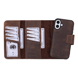 Tudor Tri-Fold Leather Wallet Case – iPhone 16 Plus, Distressed Coffee