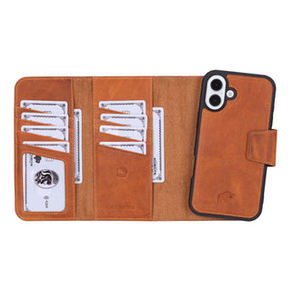 Tudor Tri-Fold Leather Wallet Case – iPhone 16 Plus, Golden Brown