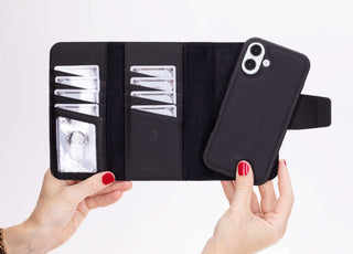 Tudor Tri-Fold Leather Wallet Case – iPhone 16 Plus, Pebble Black