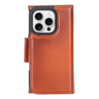 Tudor Tri-Fold Leather Wallet Case – iPhone 16 Pro, Burnished Tan