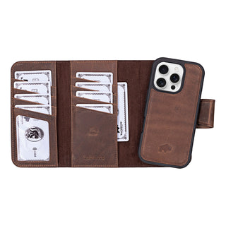 Tudor Tri-Fold Leather Wallet Case – iPhone 16 Pro, Distressed Coffee