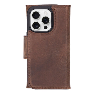 Tudor Tri-Fold Leather Wallet Case – iPhone 16 Pro, Distressed Coffee
