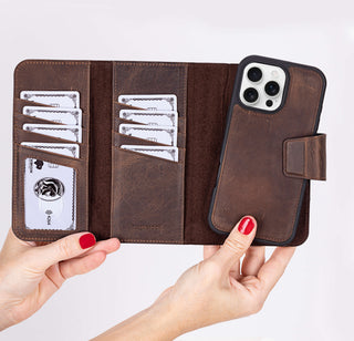 Tudor Tri-Fold Leather Wallet Case – iPhone 16 Pro, Distressed Coffee