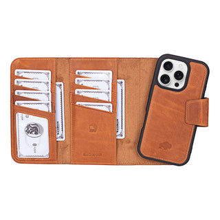Tudor Tri-Fold Leather Wallet Case – iPhone 16 Pro, Golden Brown