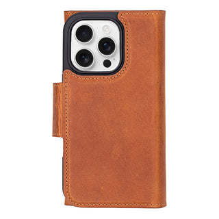 Tudor Tri-Fold Leather Wallet Case – iPhone 16 Pro, Golden Brown