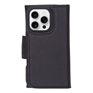 Tudor Tri-Fold Leather Wallet Case – iPhone 16 Pro, Pebble Black