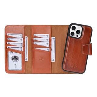 Tudor Tri-Fold Leather Wallet Case – iPhone 16 Pro Max, Burnished Tan